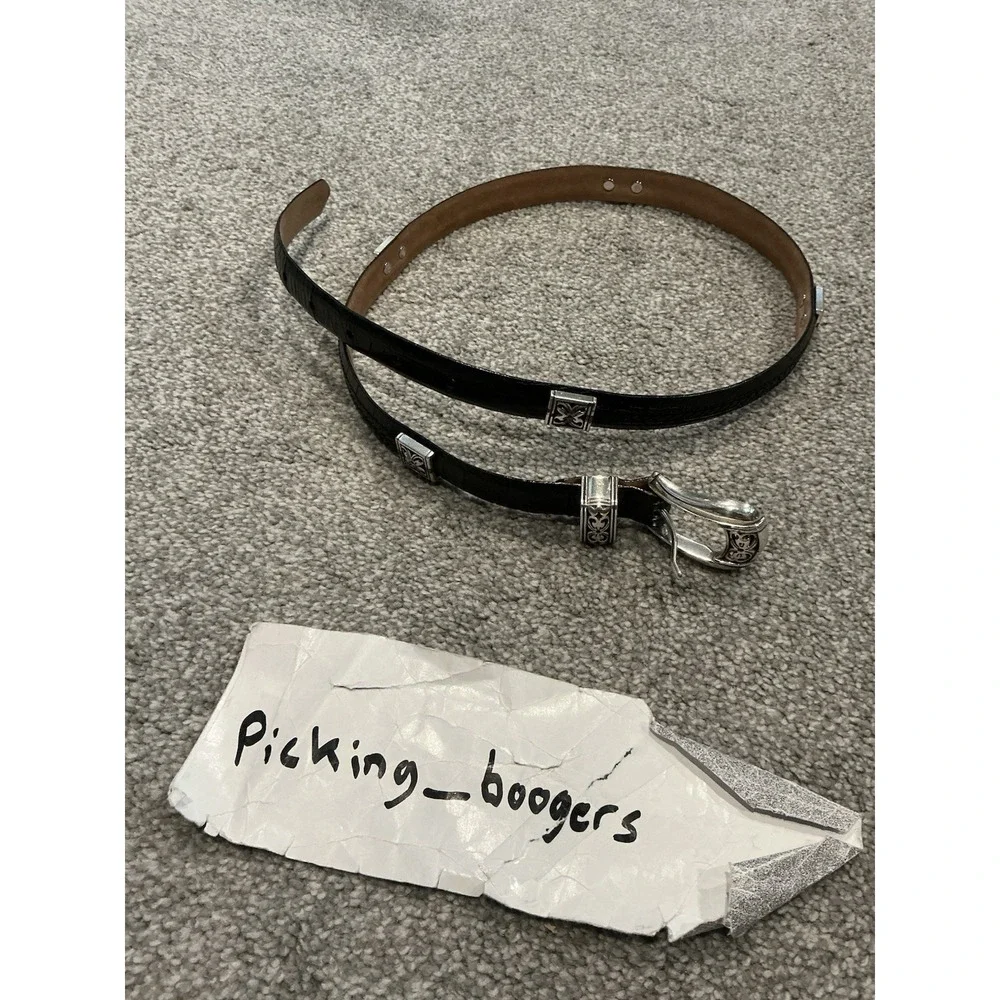 Vintage Black Segmented Leather Belt Silver-toned Floral Charms Women's Size M